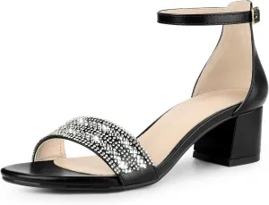 Allegra K Women's Sparkly Rhinestone Ankle Strap Chunky Heel Sandals