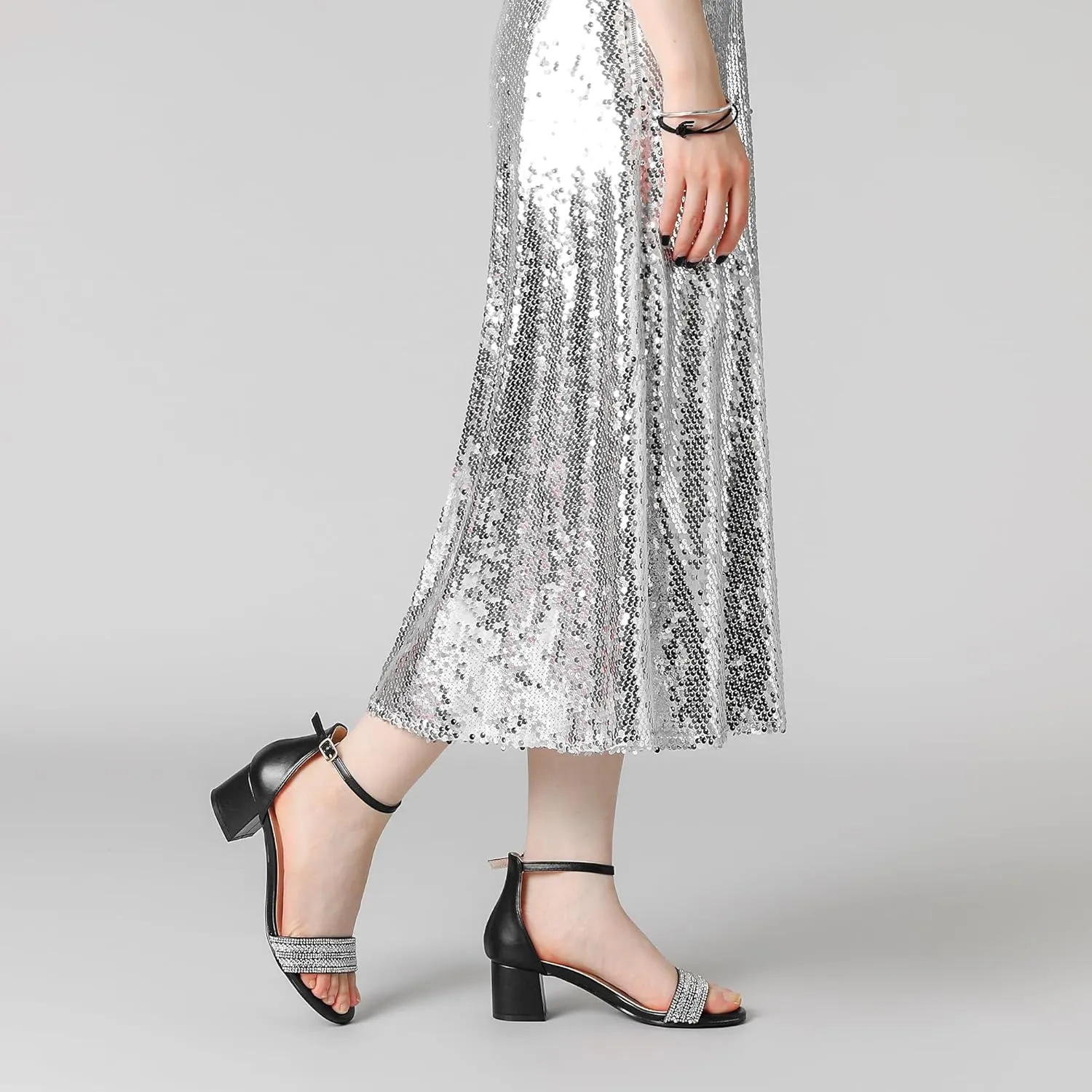 Allegra K Women's Sparkly Rhinestone Ankle Strap Chunky Heel Sandals