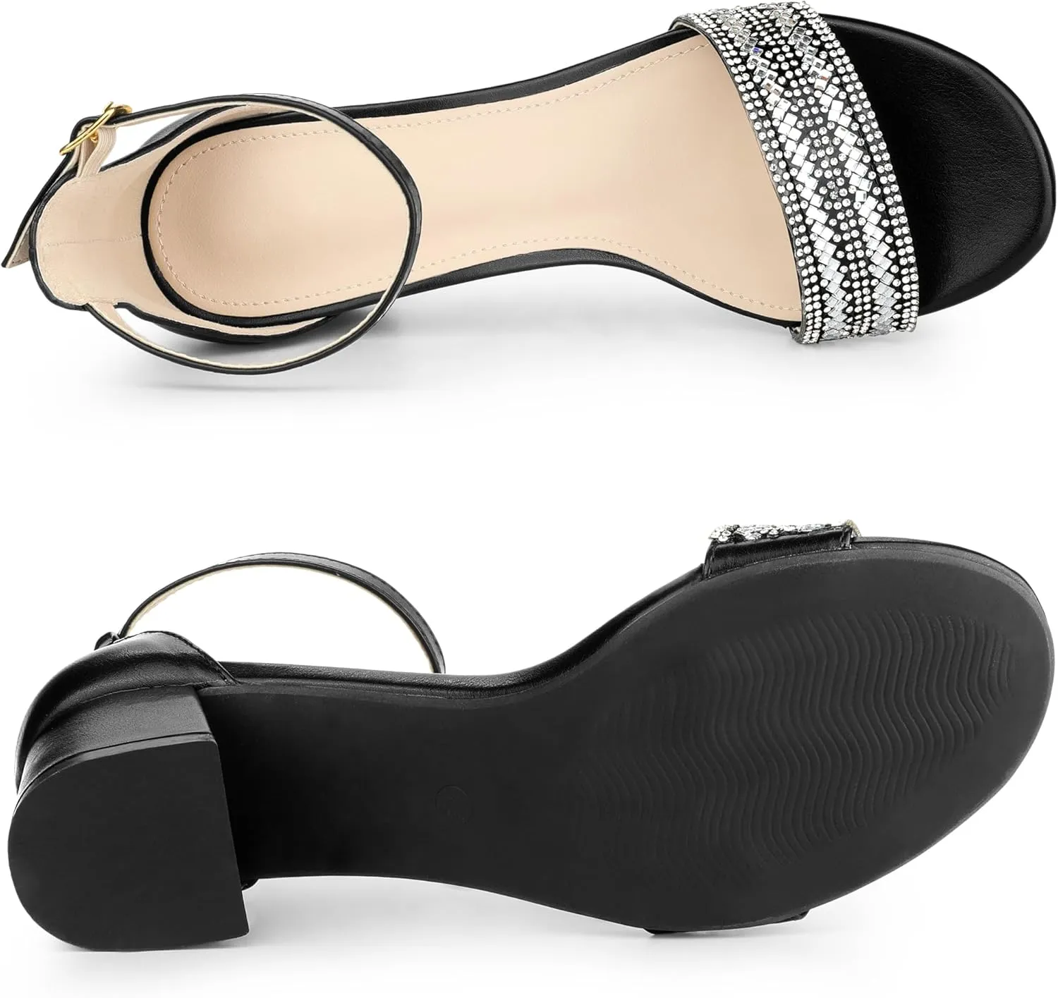 Allegra K Women's Sparkly Rhinestone Ankle Strap Chunky Heel Sandals