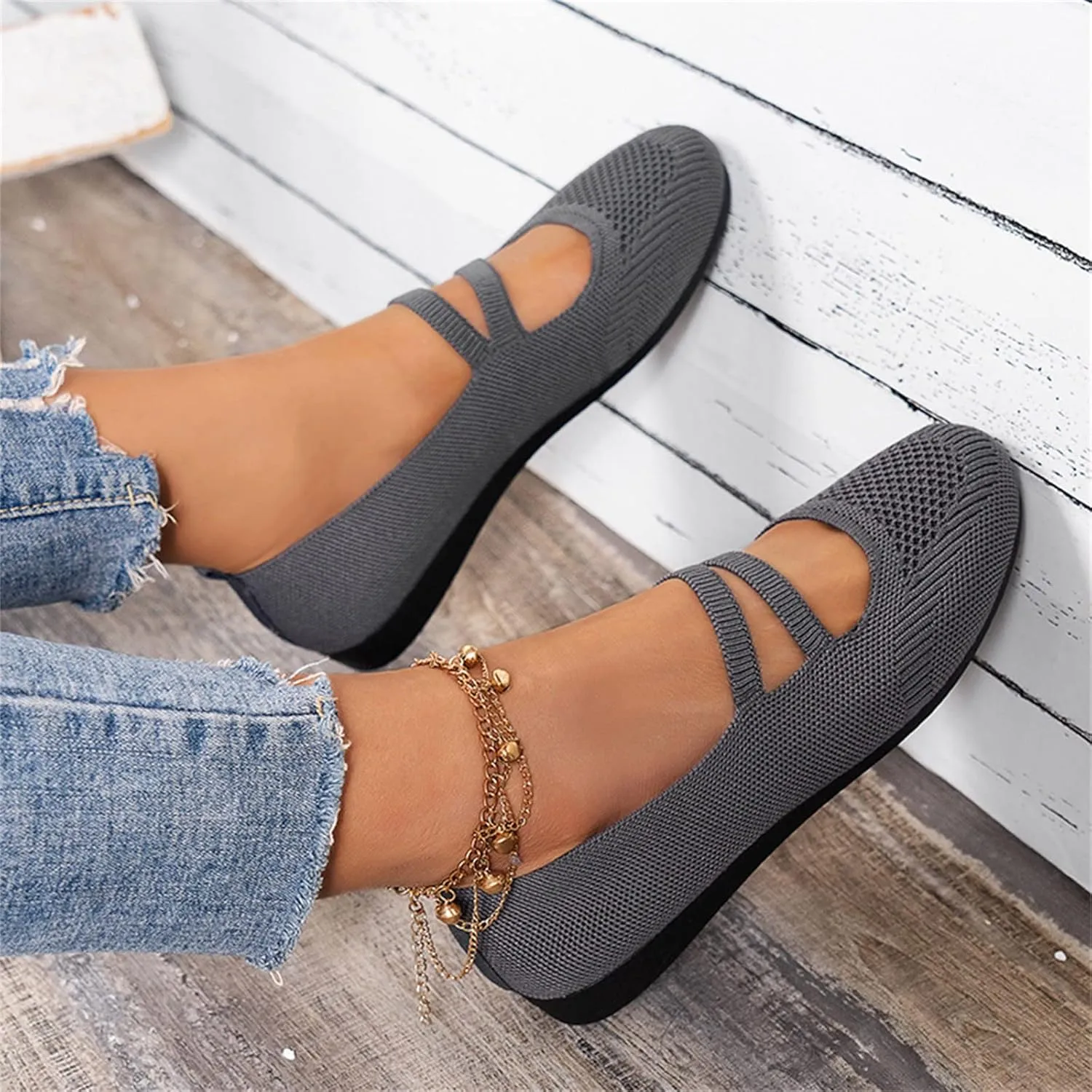 AMDBEL Flats Shoes Women Dressy Comfortable Women's Ballet Flats Shoes Crochet Knit Mesh Round Toe Slip Casual Ballet Flats