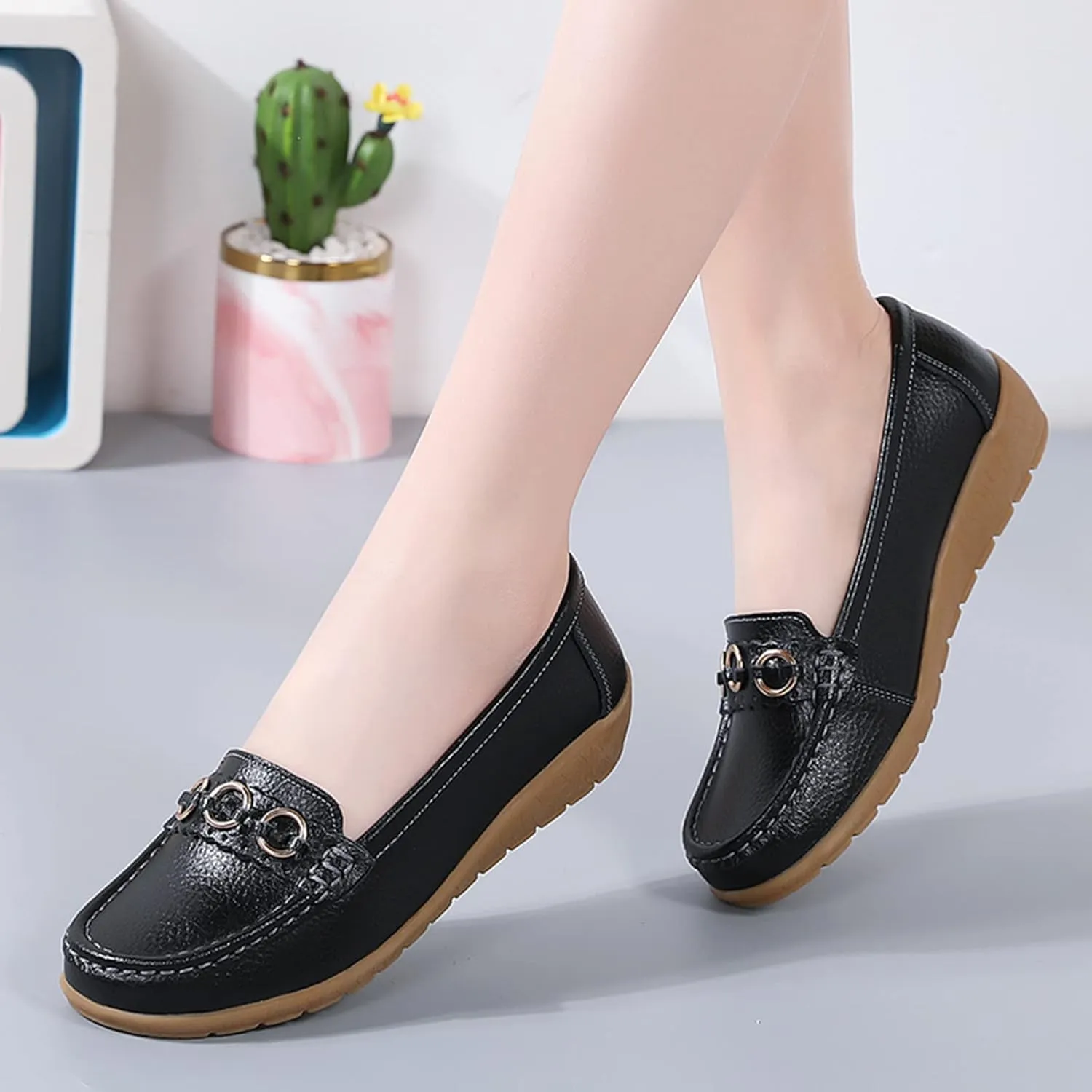 AMDBEL Flats Shoes Women Dressy Comfortable Women's Leather Casual Penny Loafers Slip-On Walking Driving Boat Flat Shoes