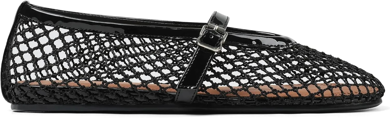 AMINUGAL Mesh Ballet Flats Shoes for Women Fashion Round Toe Fishnet Flats for Women Buckle Strap Mary Jane Shoes Women Comfortable Casual Office Daily Dress Ballerina Shoes