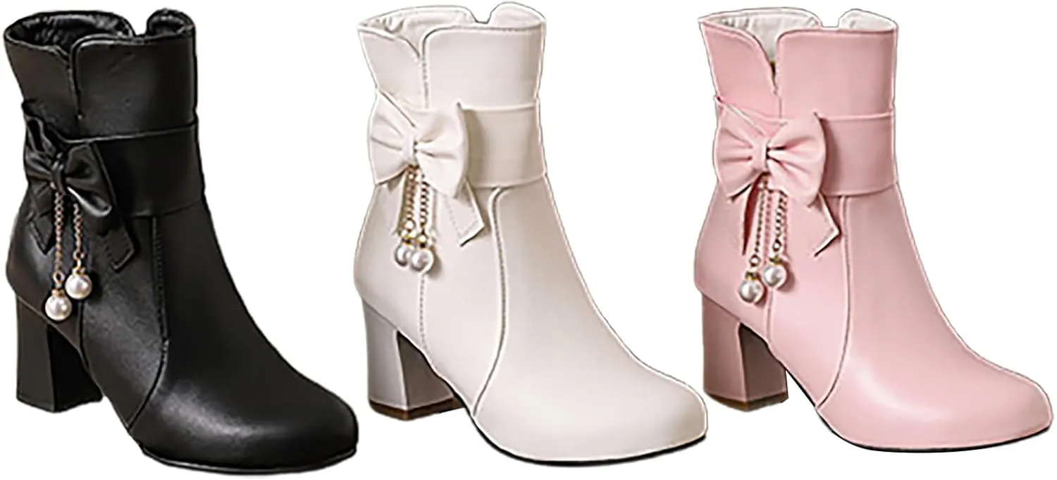 Ankle Boots for Women Chunky Heel Leather Fashion Comfortable Slip on Fall Winter Boots Side Zipper Wide Width Women's Booties Ladies Boots