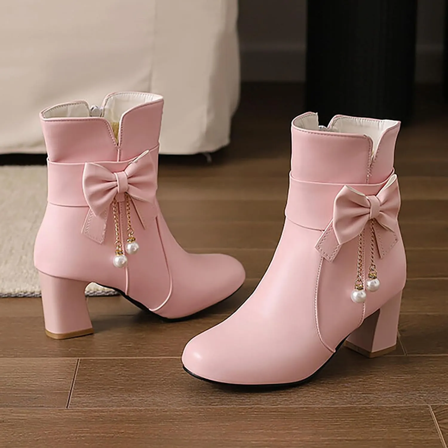 Ankle Boots for Women Chunky Heel Leather Fashion Comfortable Slip on Fall Winter Boots Side Zipper Wide Width Women's Booties Ladies Boots