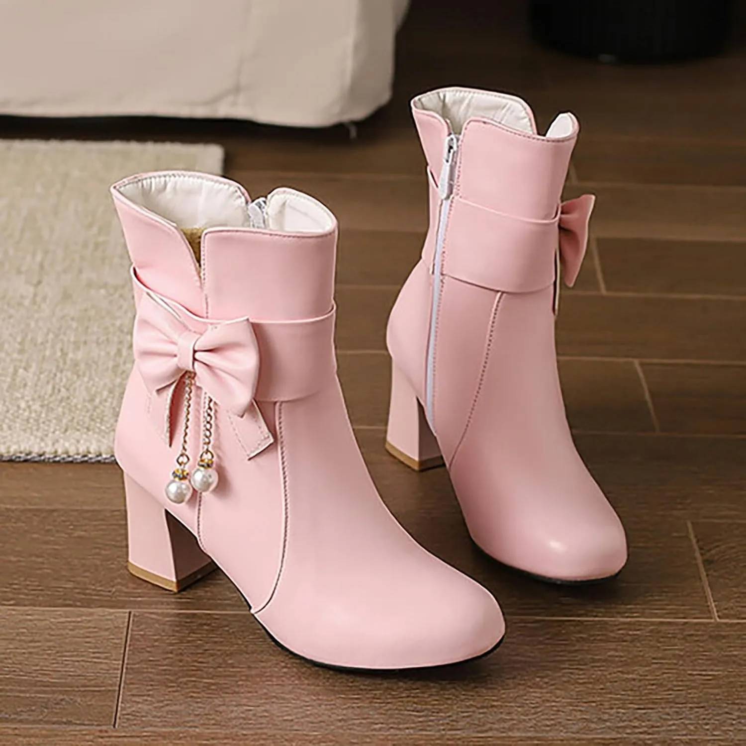 Ankle Boots for Women Chunky Heel Leather Fashion Comfortable Slip on Fall Winter Boots Side Zipper Wide Width Women's Booties Ladies Boots