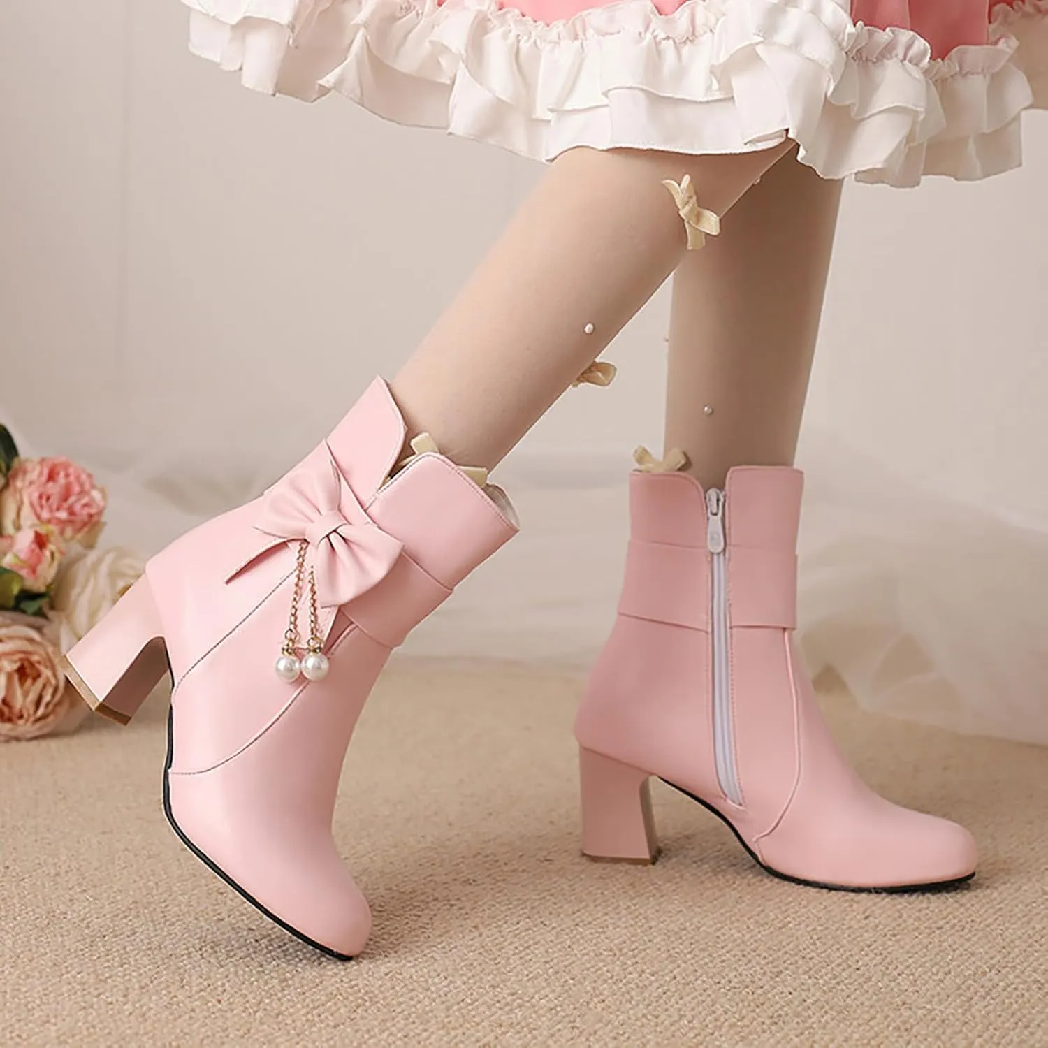 Ankle Boots for Women Chunky Heel Leather Fashion Comfortable Slip on Fall Winter Boots Side Zipper Wide Width Women's Booties Ladies Boots