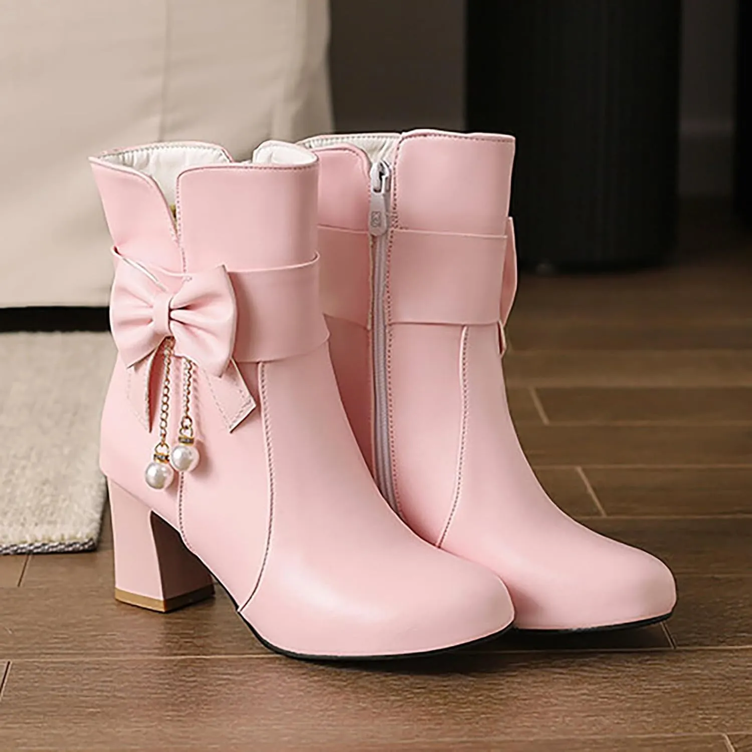 Ankle Boots for Women Chunky Heel Leather Fashion Comfortable Slip on Fall Winter Boots Side Zipper Wide Width Women's Booties Ladies Boots