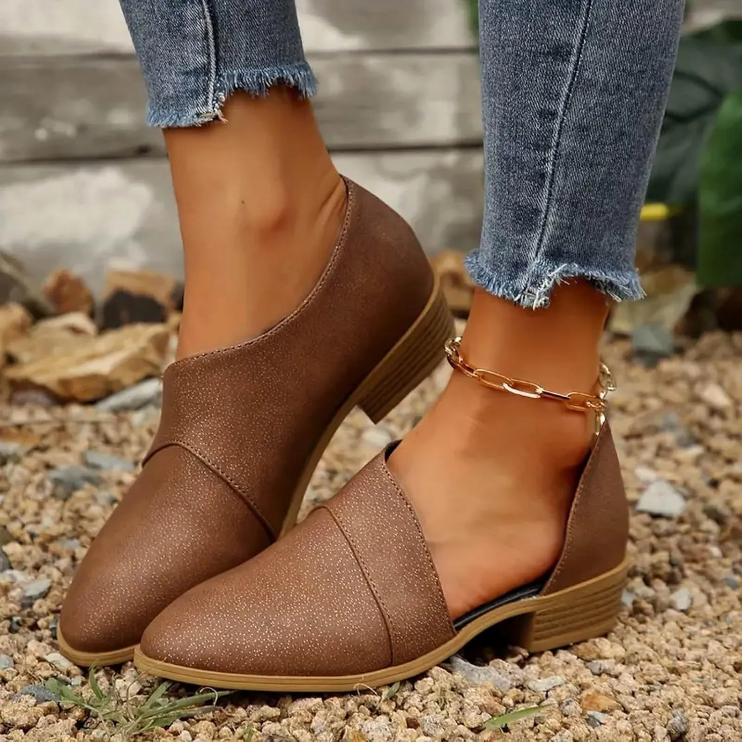 Ankle Boots for Women, No Heel Arch Support Flat Heel Boots Side Zipper Vintage Leather Damping Ankle Boots Shoes