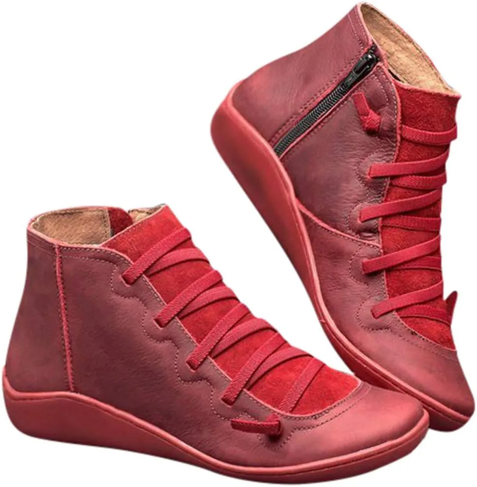 Ankle Boots for Women No Heel,2019 New Arch Support Boots Side Zipper Vintage Leather Damping Shoes Flat Heel Booties