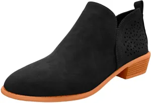 Ankle Boots for Women V Side Slip On Casual Low Heel Perforated Stacked Chelsea Chunky Booties Western Cutout Shoes