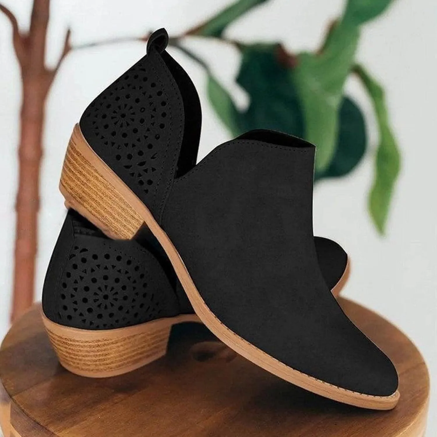 Ankle Boots for Women V Side Slip On Casual Low Heel Perforated Stacked Chelsea Chunky Booties Western Cutout Shoes