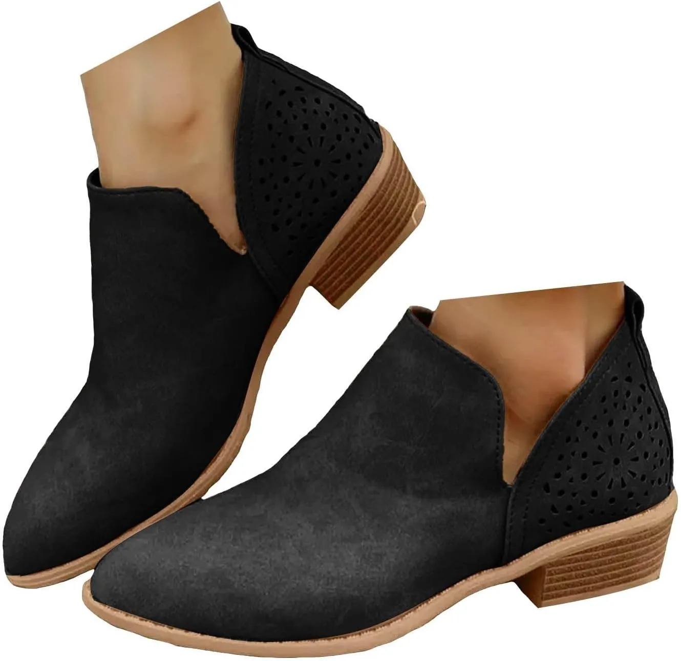 Ankle Boots for Women V Side Slip On Casual Low Heel Perforated Stacked Chelsea Chunky Booties Western Cutout Shoes