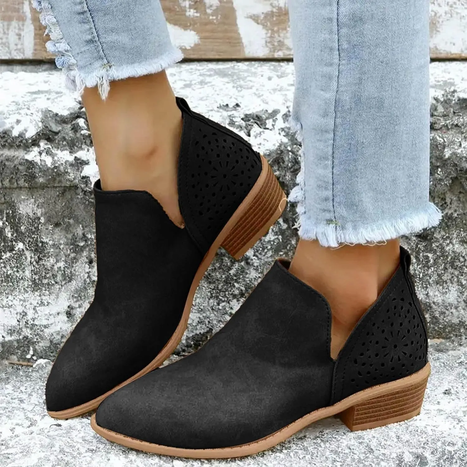 Ankle Boots for Women V Side Slip On Casual Low Heel Perforated Stacked Chelsea Chunky Booties Western Cutout Shoes