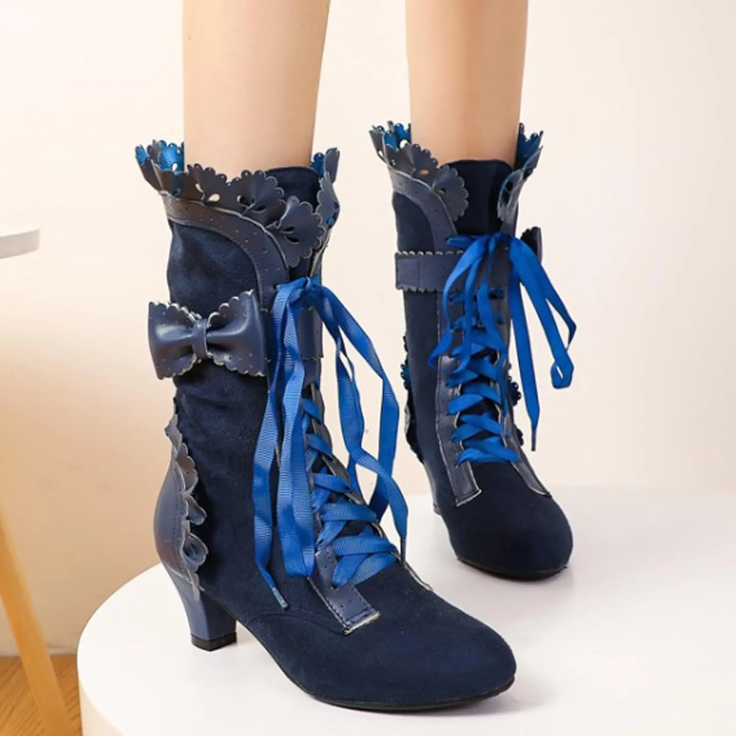 Ankle Boots for Women, Vintage Lace Up Victorian Boots Dress Riding Fall Shoes Witch Mid Calf Up Combat Boot With Bow