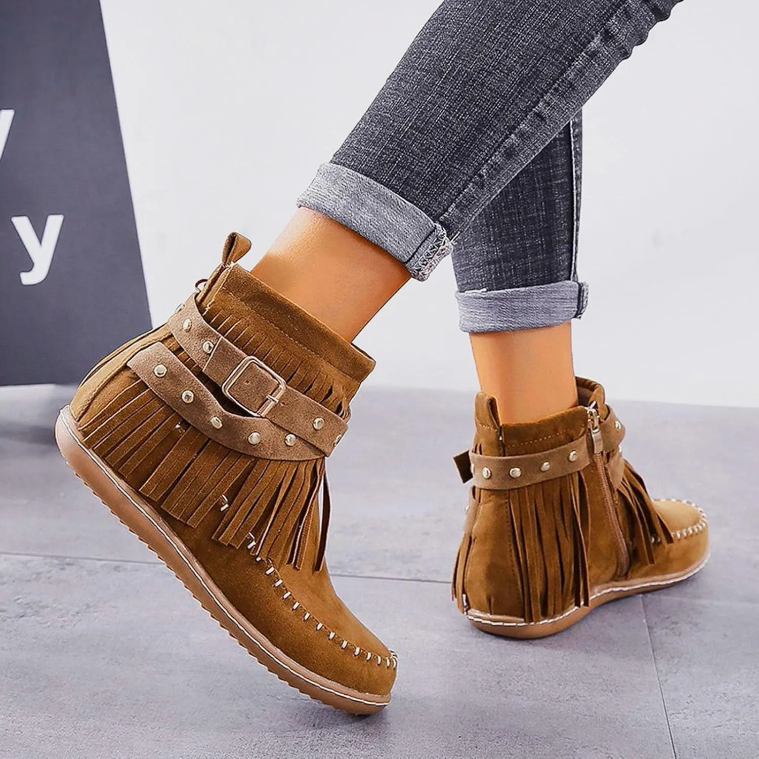 Ankle Boots for Women, Winter Fall Wedge Non Slip Ankle Booties With Side Zip Low Heels Leather Lace Up Short Walking Boots