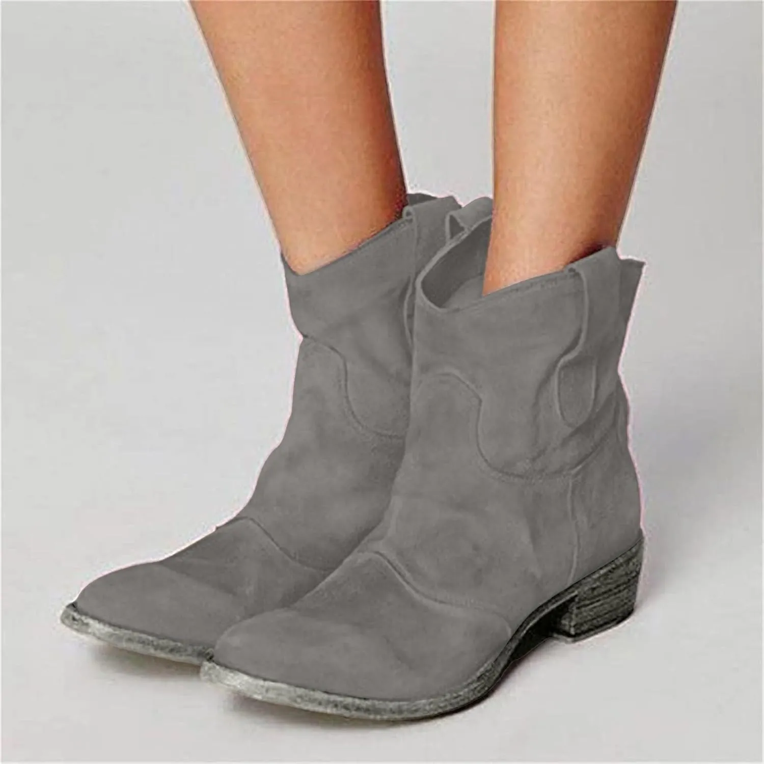 Ankle Boots for Women, Women Lace Up Slip-On Loafers Pointed Low Toe Chunky Block Heel Casual Cutout Office Booties