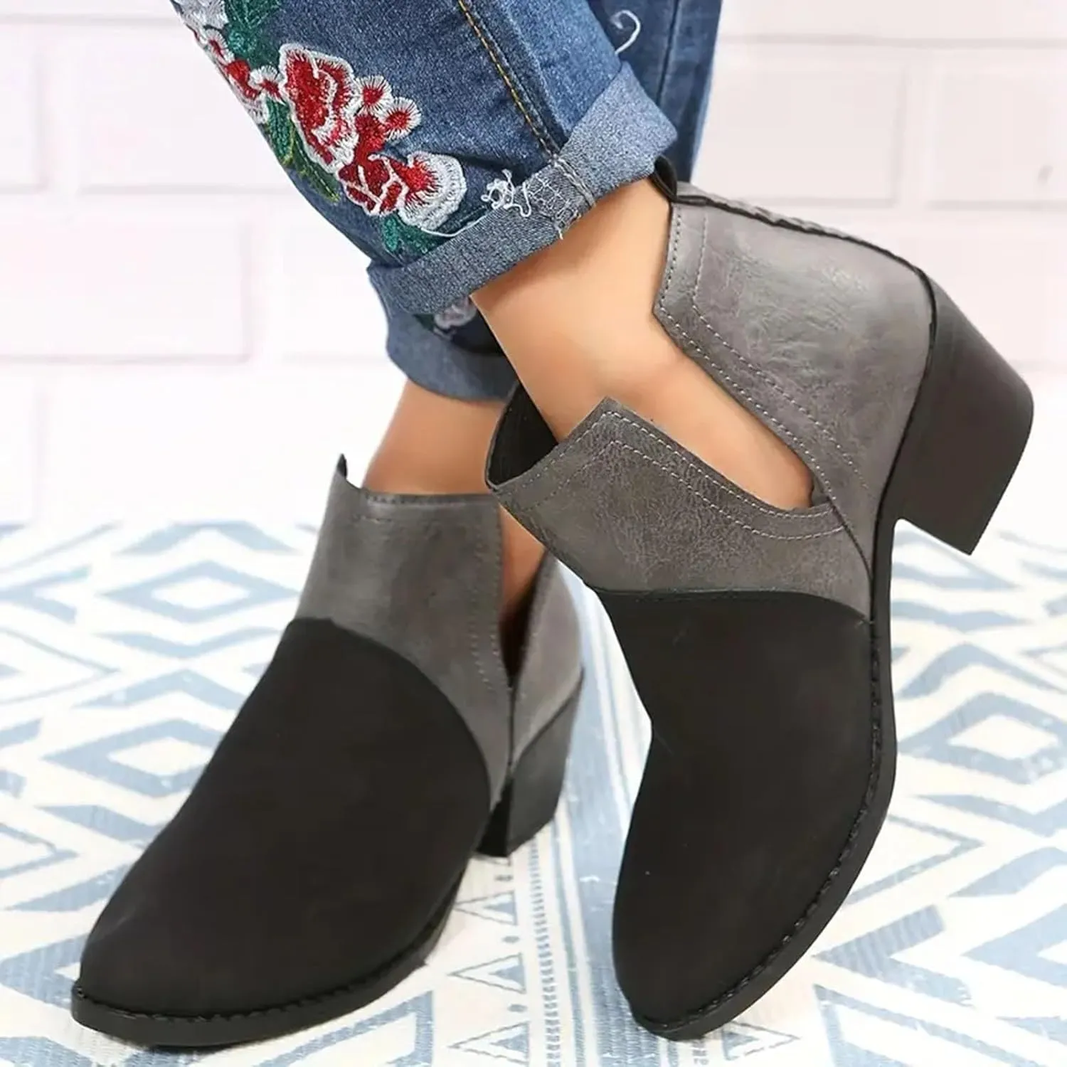 Ankle Boots for Women Women's V Cut Ankle Booties Low Stacked Heel Closed Toe Perforated Slipon Faux Leather Western Boots