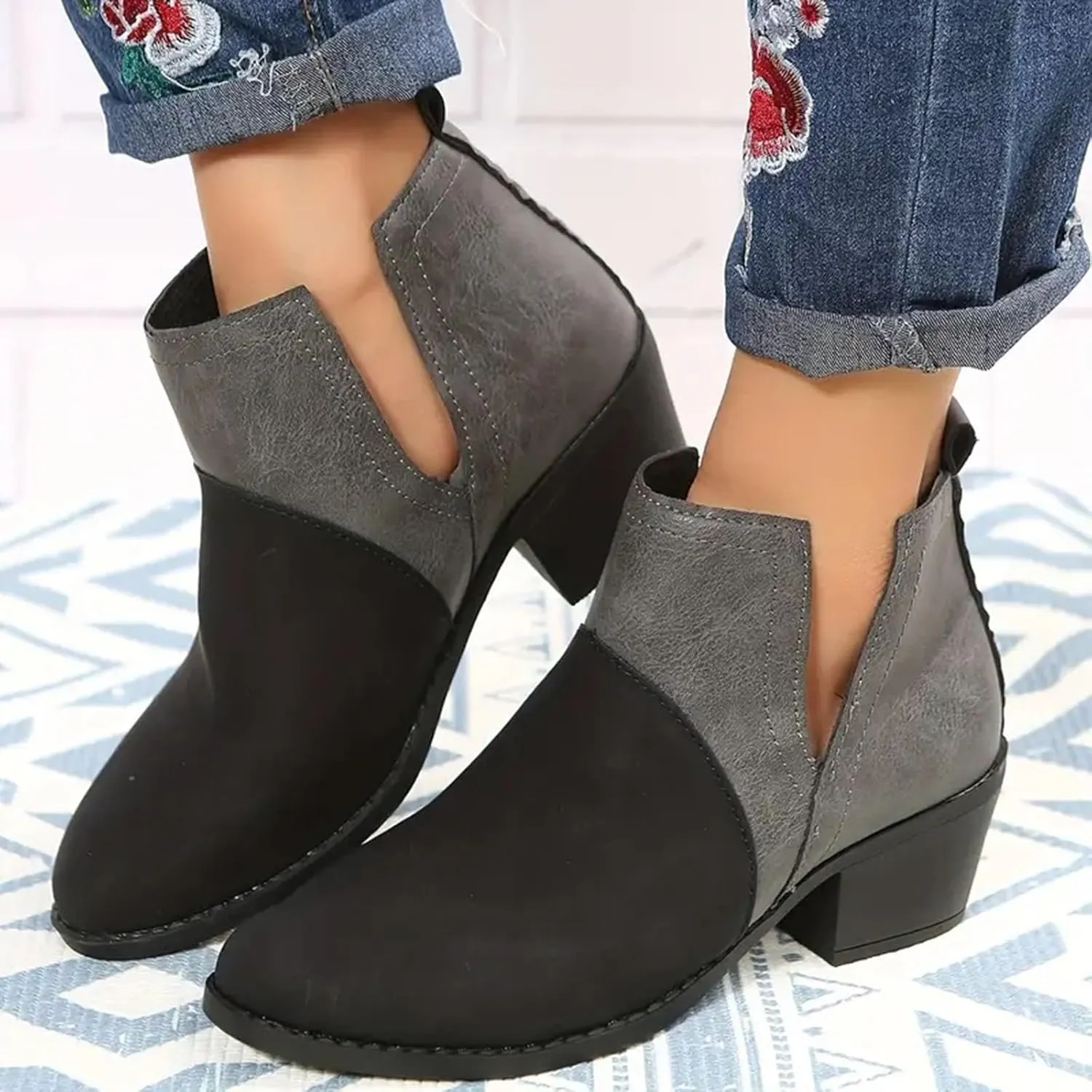 Ankle Boots for Women Women's V Cut Ankle Booties Low Stacked Heel Closed Toe Perforated Slipon Faux Leather Western Boots