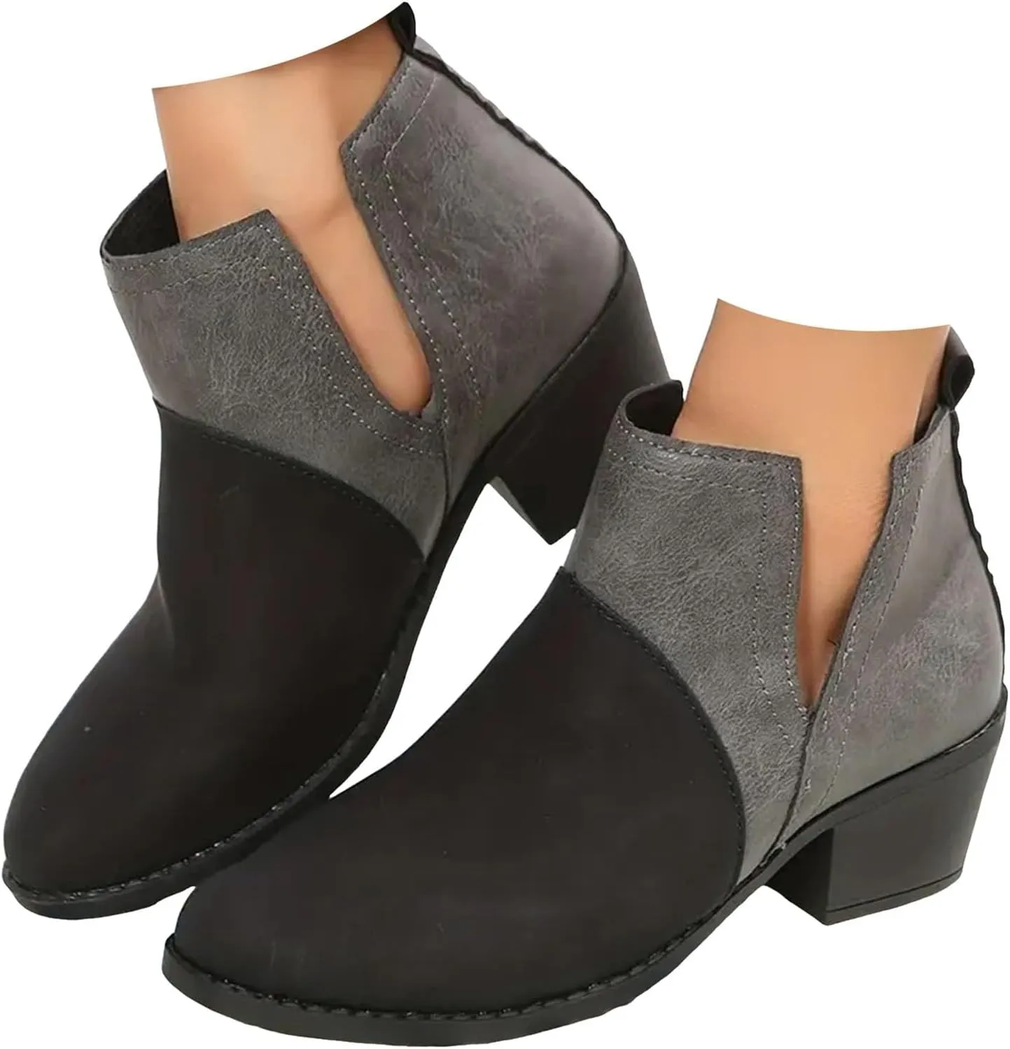 Ankle Boots for Women Women's V Cut Ankle Booties Low Stacked Heel Closed Toe Perforated Slipon Faux Leather Western Boots