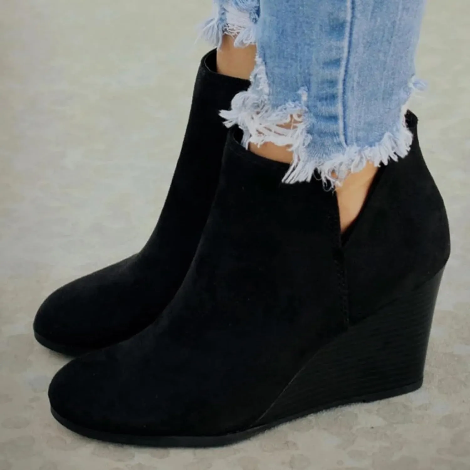 Ankle Boots for Women, Women's Wedge Heel Ankle Boots Platform Zipper Low-Top Vintage Frosted Ankle Boots With Wedge Toes