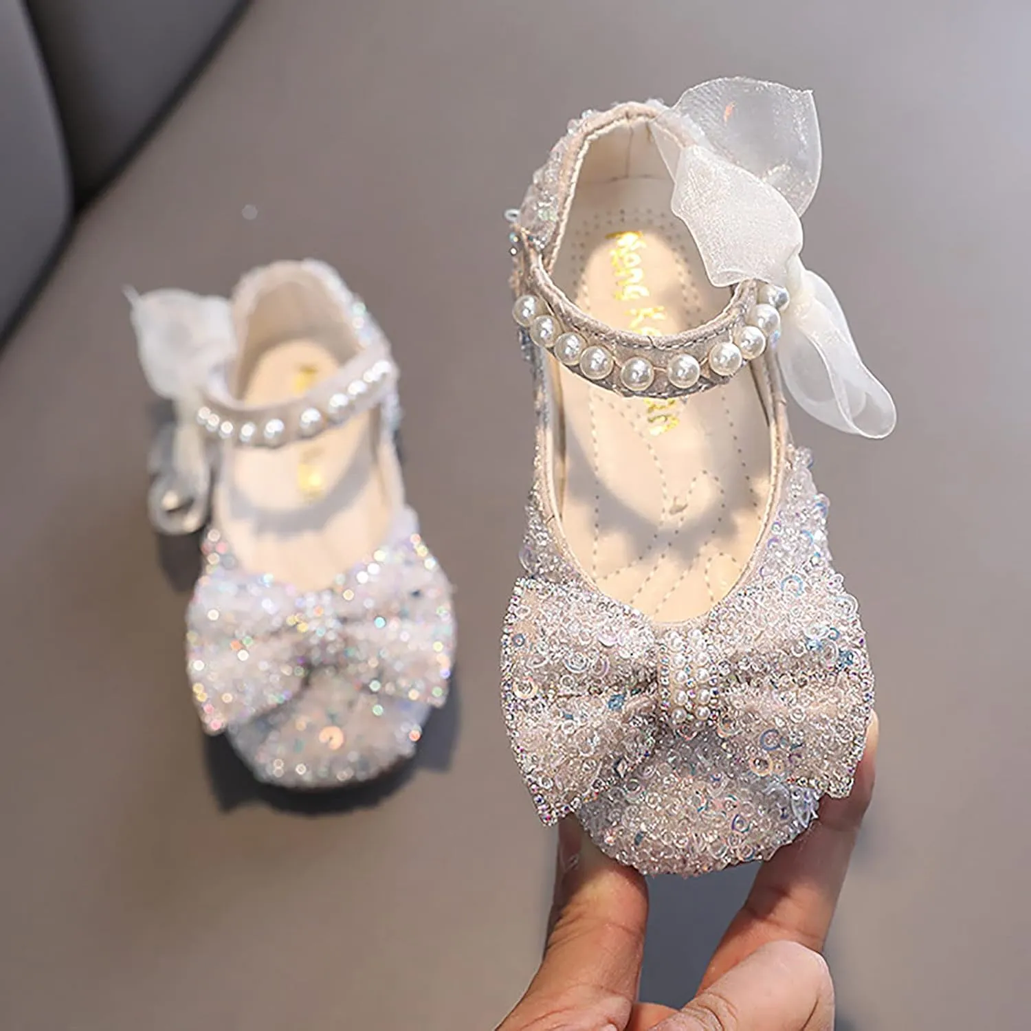 Baby Girls Mary Jane Flats Glitter Bow Pearl Low Heel Party Dress Shoes Ankle Strap Loafers For Toddler