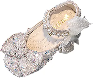 Baby Girls Mary Jane Flats Glitter Bow Pearl Low Heel Party Dress Shoes Ankle Strap Loafers For Toddler