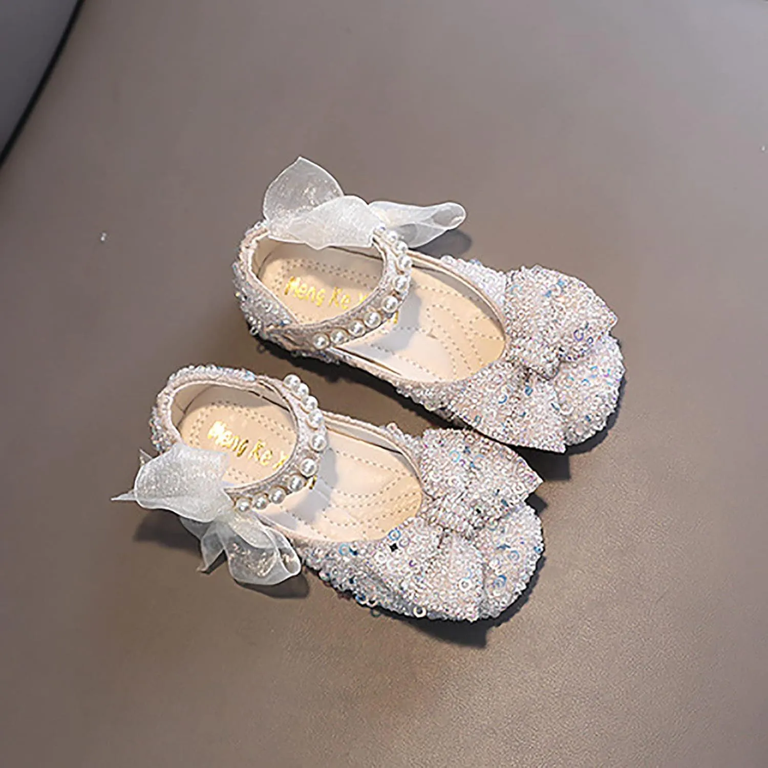 Baby Girls Mary Jane Flats Glitter Bow Pearl Low Heel Party Dress Shoes Ankle Strap Loafers For Toddler