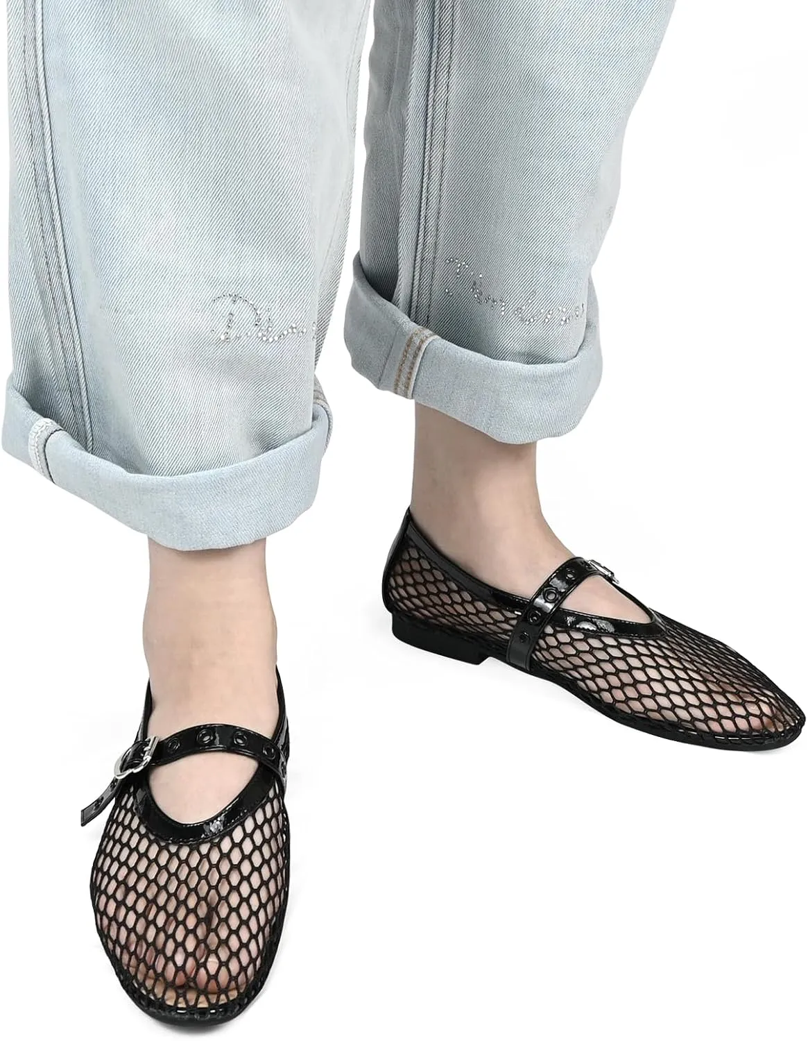 Ballet Black Mesh Flats Women's Mesh Buckle Comfortable Casual Office Fishnet Ballet Flats