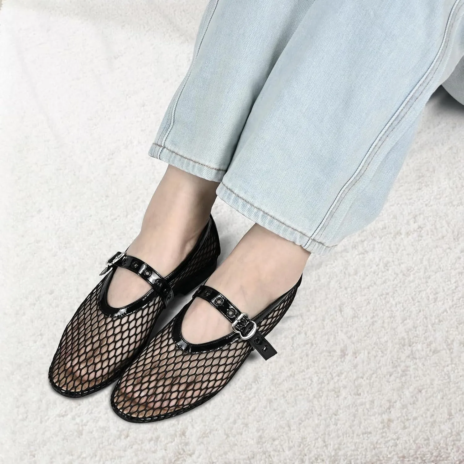 Ballet Black Mesh Flats Women's Mesh Buckle Comfortable Casual Office Fishnet Ballet Flats