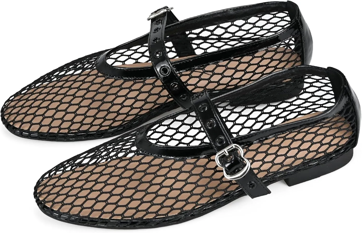 Ballet Black Mesh Flats Women's Mesh Buckle Comfortable Casual Office Fishnet Ballet Flats