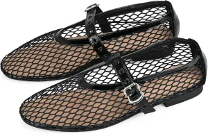 Ballet Black Mesh Flats Women's Mesh Buckle Comfortable Casual Office Fishnet Ballet Flats