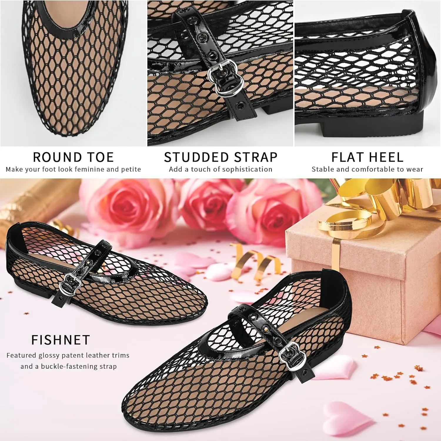 Ballet Black Mesh Flats Women's Mesh Buckle Comfortable Casual Office Fishnet Ballet Flats