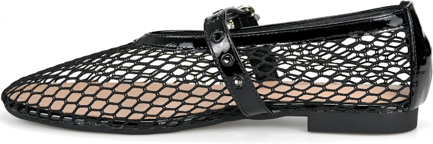 Ballet Black Mesh Flats Women's Mesh Buckle Comfortable Casual Office Fishnet Ballet Flats