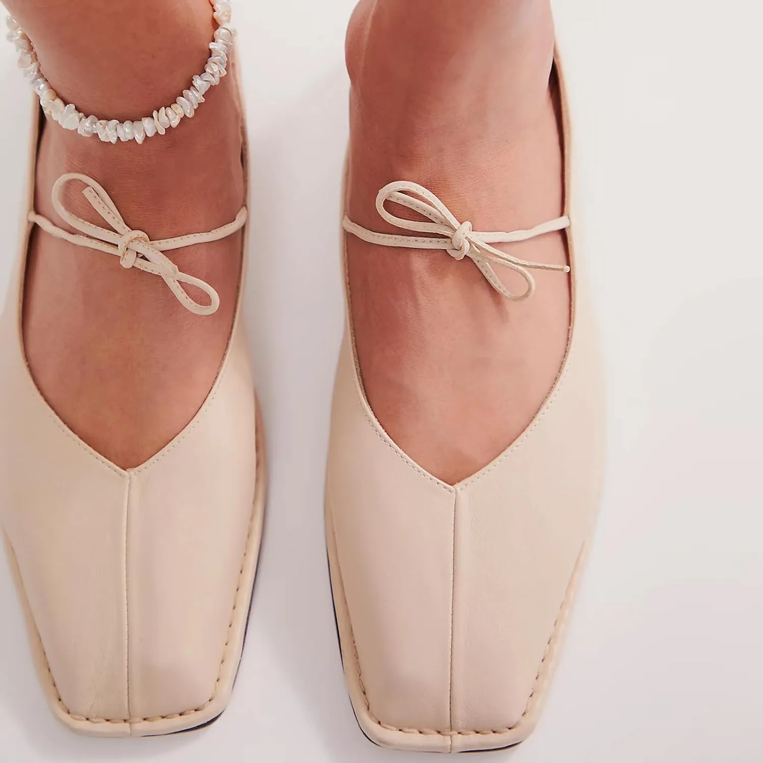 Ballet Flats for Women Lace Up Bow Square Toe Mary Janes Cute Ballerina Shoes Slip On Comfortable Elegant Dress Shoes