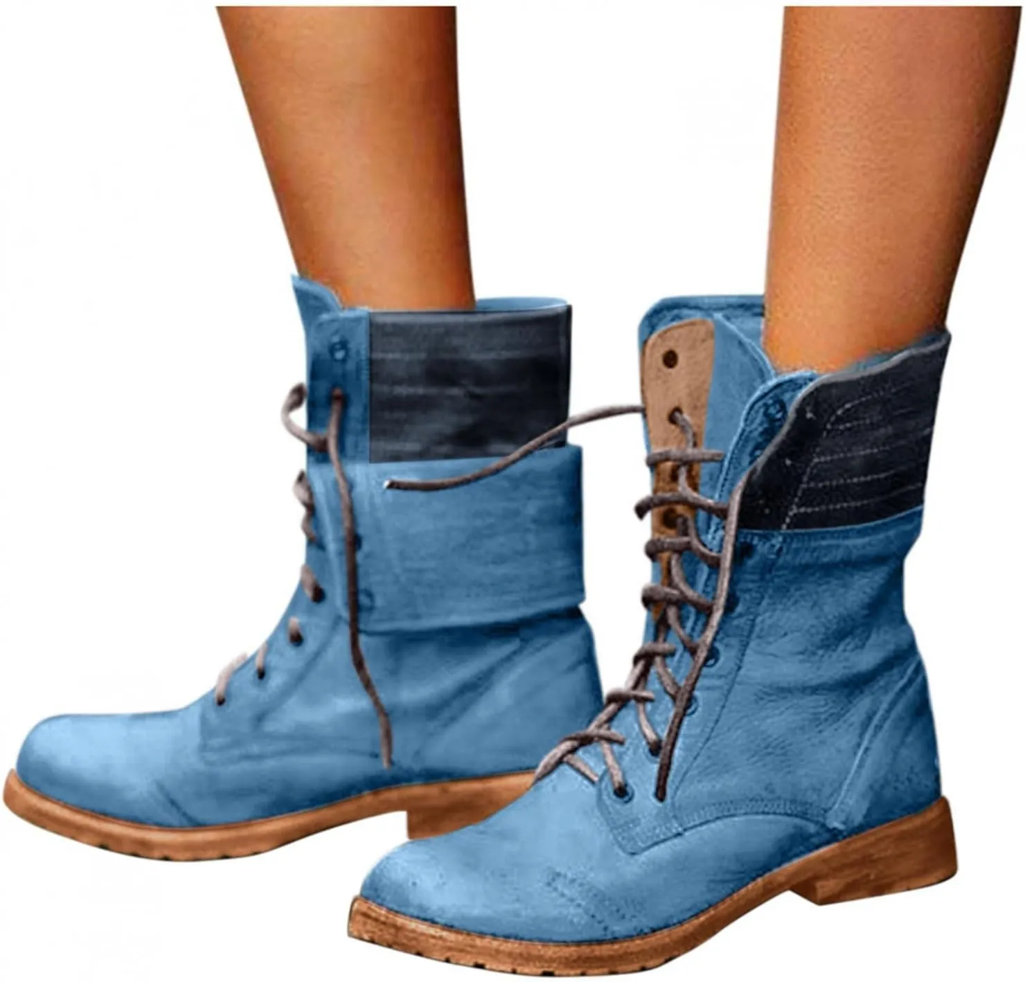 Bcshiye Women's Combat Boots Lace up Ankle Booties Fashion Mid Calf Ankle Booties Winter Warm Snow Boots for Women