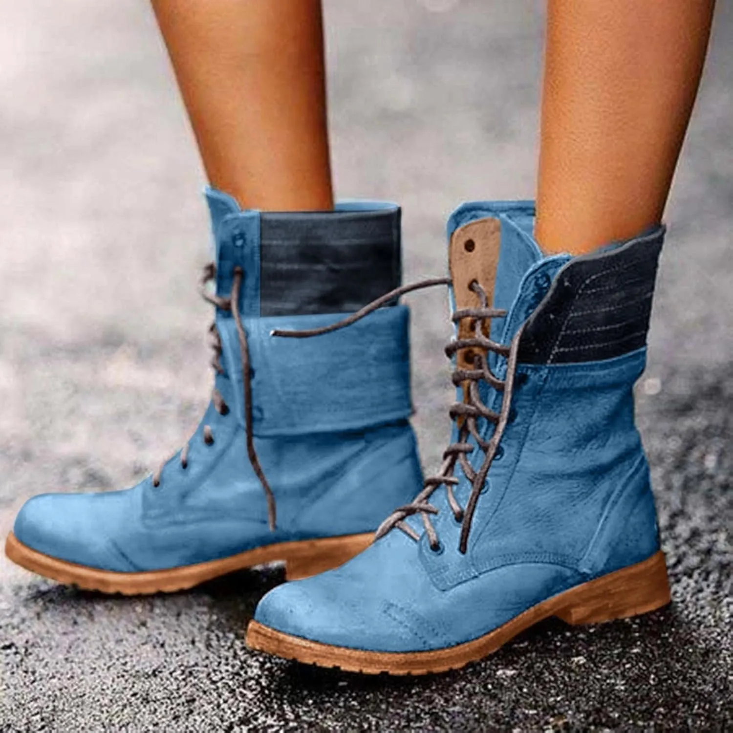 Bcshiye Women's Combat Boots Lace up Ankle Booties Fashion Mid Calf Ankle Booties Winter Warm Snow Boots for Women