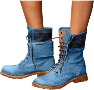 Bcshiye Women's Combat Boots Lace up Ankle Booties Fashion Mid Calf Ankle Booties Winter Warm Snow Boots for Women