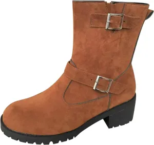Boots for Women, Ladies Low Heel Mid-Calf Suede Boots Classic Chunky Heel Side Zipper Fashion Boots With Block Buckle
