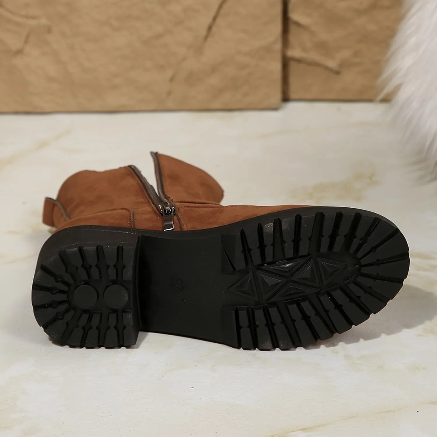 Boots for Women, Ladies Low Heel Mid-Calf Suede Boots Classic Chunky Heel Side Zipper Fashion Boots With Block Buckle