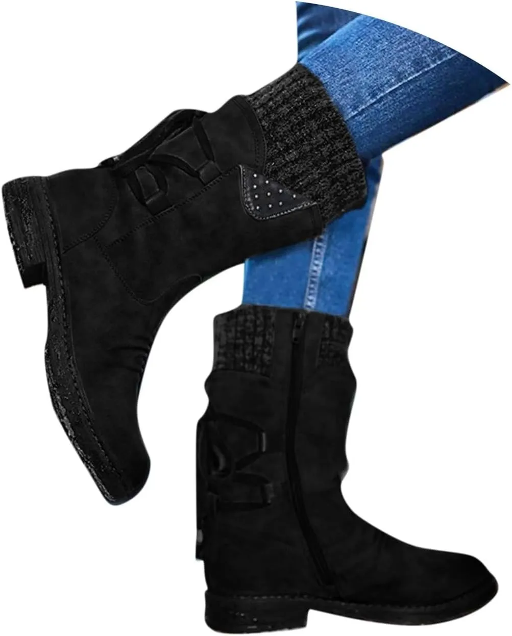 Boots for Women, Low Heel Trendy Winter Mid Calf Side Zip Western Platform Hiking Booties Warm Non Slip Outdoor Shoes