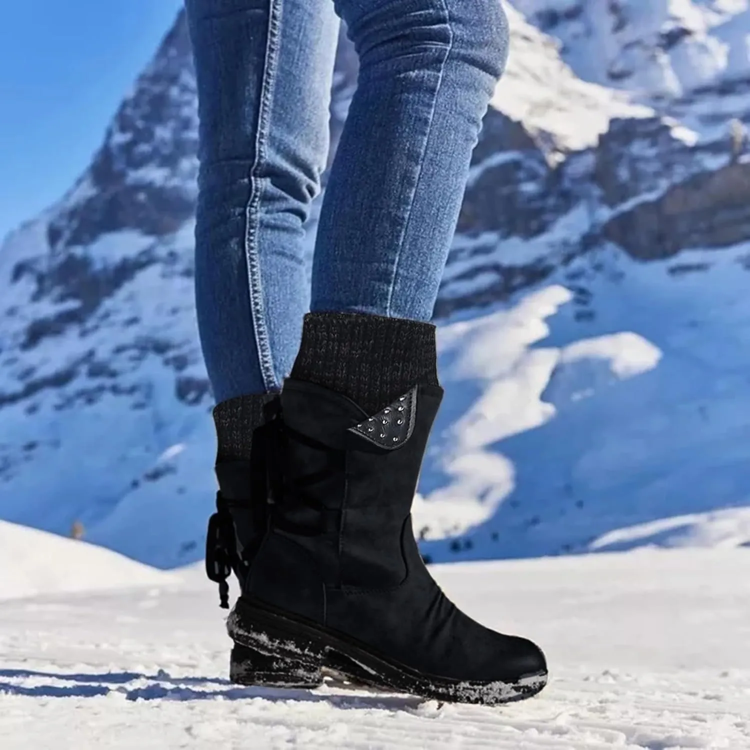 Boots for Women, Low Heel Warm Non Slip Outdoor Shoes Trendy Winter Mid Calf Side Zip Western Platform Hiking Booties