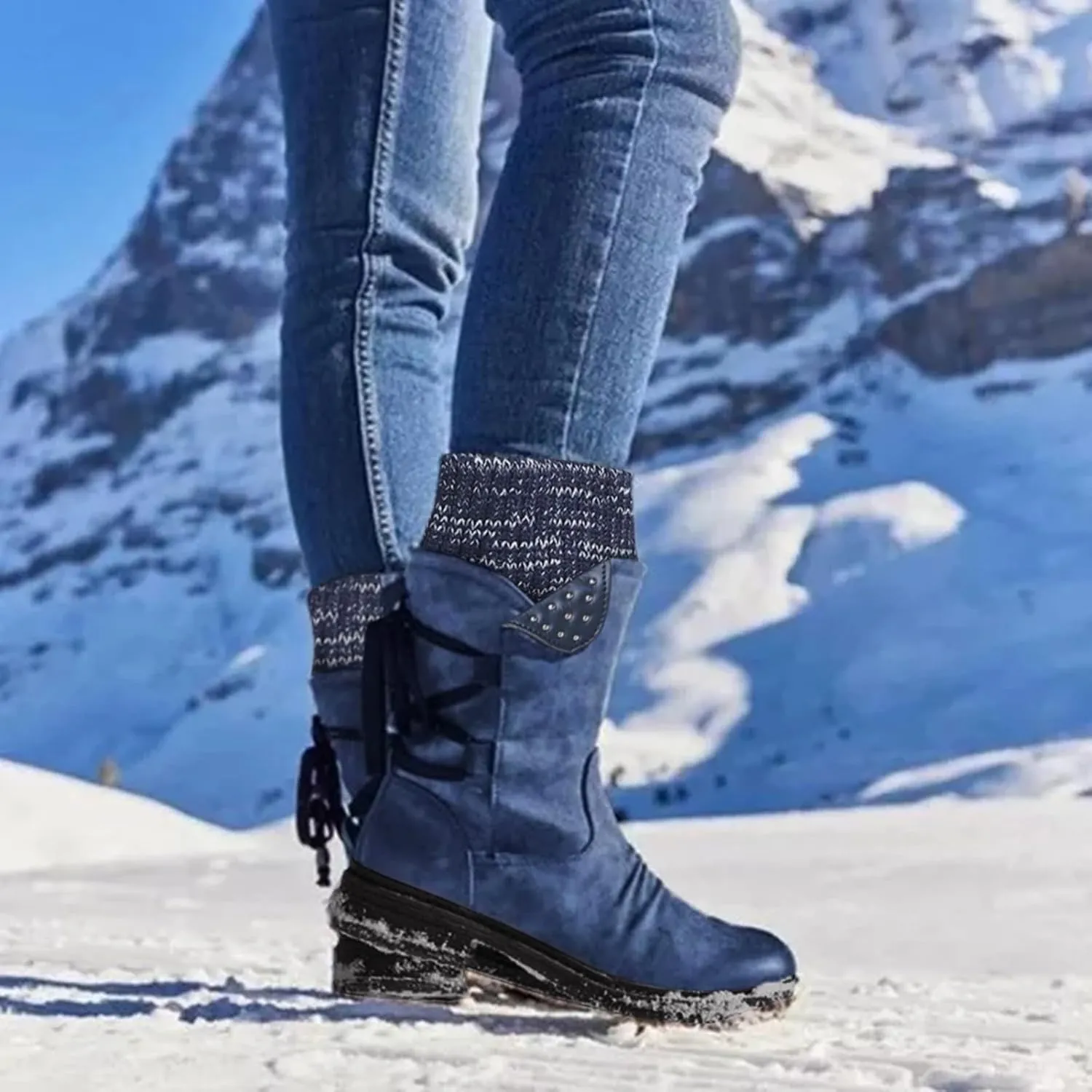 Boots for Women, Low Heel Warm Non Slip Outdoor Shoes Trendy Winter Mid Calf Side Zip Western Platform Hiking Booties