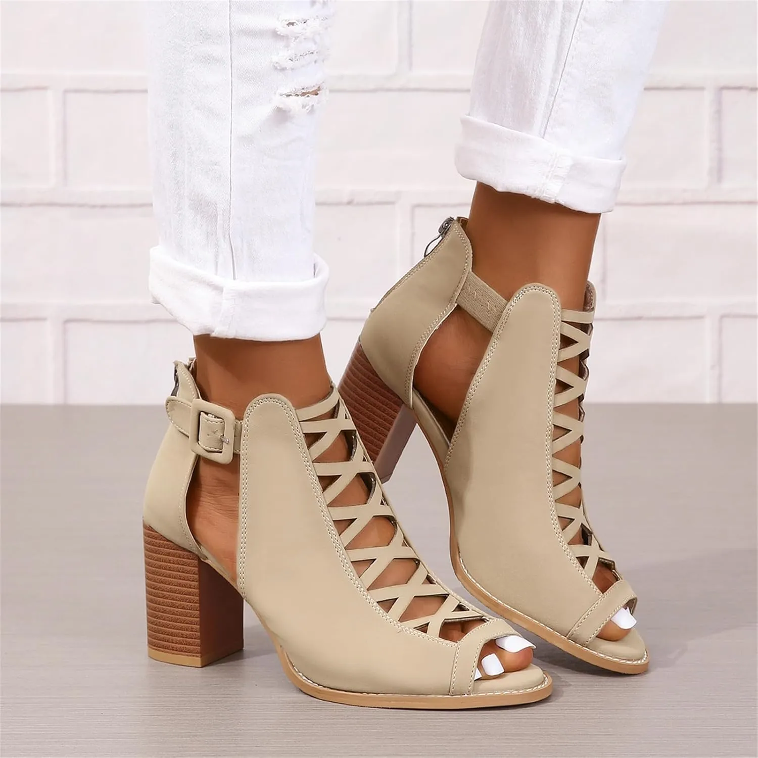 BORAMAX Womens Open Toe Heel Sandal,Fashion Buckle Strap Chunky High Heel Sandals Faux Suede Cutout Black High Heel Party Dress Booties