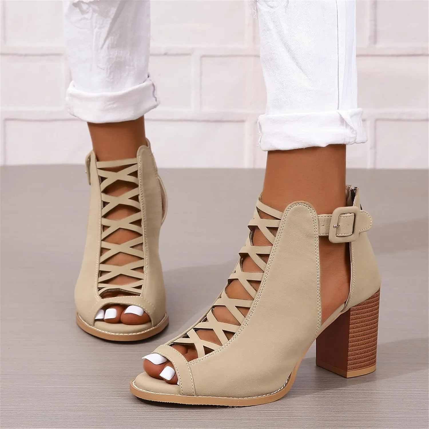 BORAMAX Womens Open Toe Heel Sandal,Fashion Buckle Strap Chunky High Heel Sandals Faux Suede Cutout Black High Heel Party Dress Booties