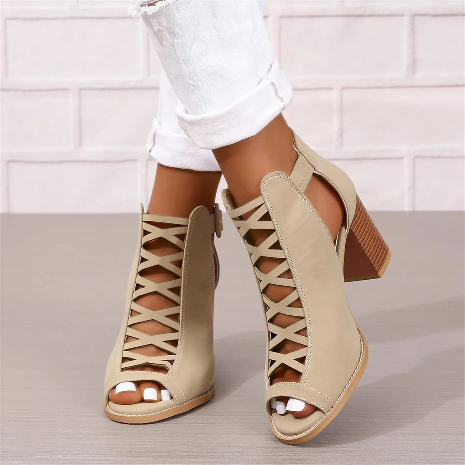 BORAMAX Womens Open Toe Heel Sandal,Fashion Buckle Strap Chunky High Heel Sandals Faux Suede Cutout Black High Heel Party Dress Booties