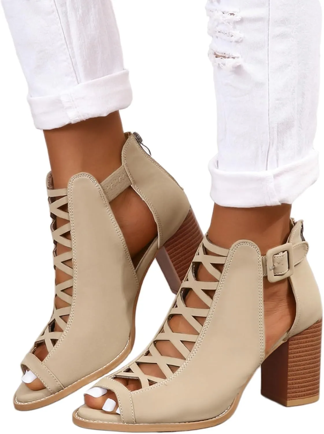 BORAMAX Womens Open Toe Heel Sandal,Fashion Buckle Strap Chunky High Heel Sandals Faux Suede Cutout Black High Heel Party Dress Booties