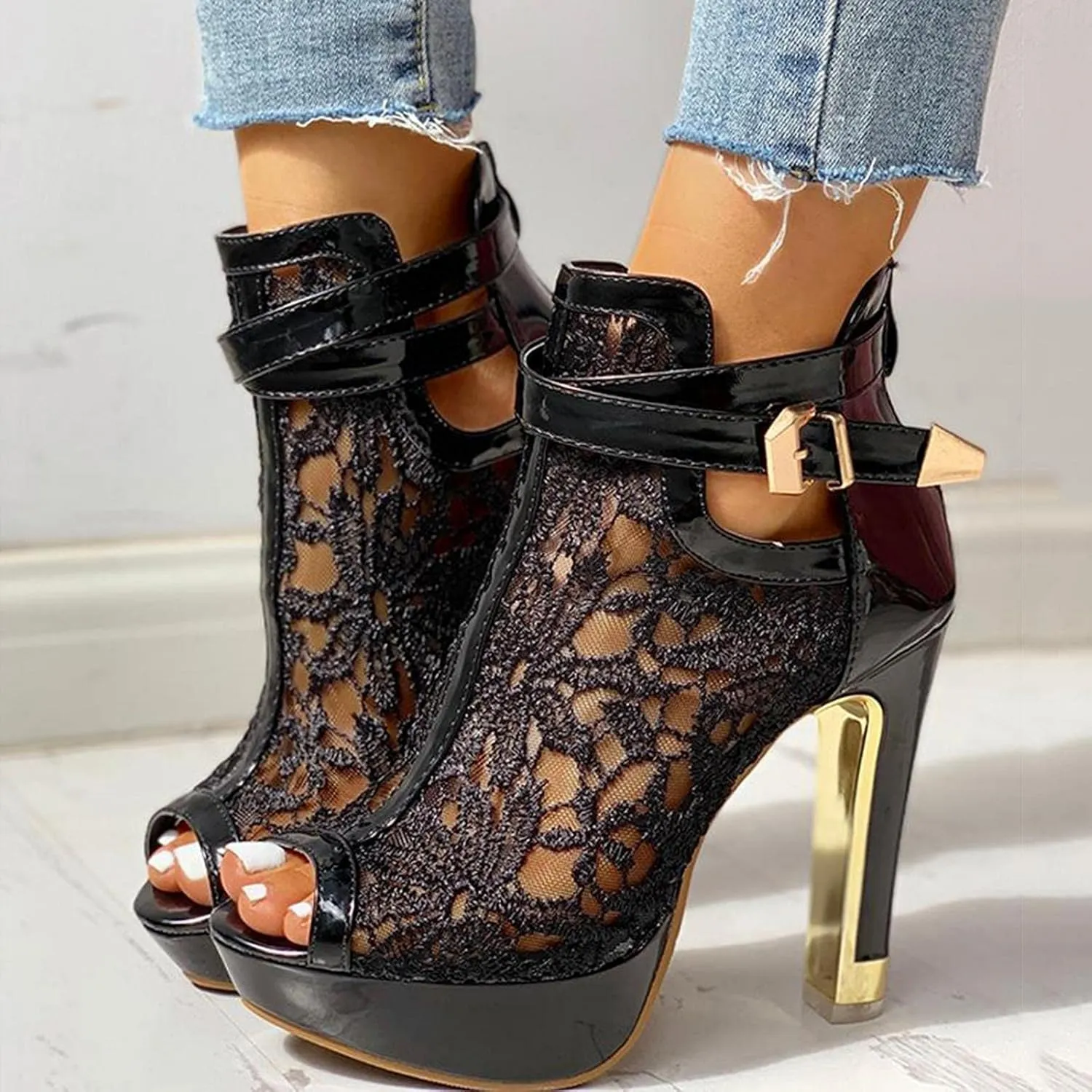 BORAMAX Women's Pretty Lace Flowers Open Toes High Heels Ankle Boots Platform Boots Peep Toe Colorful Casual Womens Boots