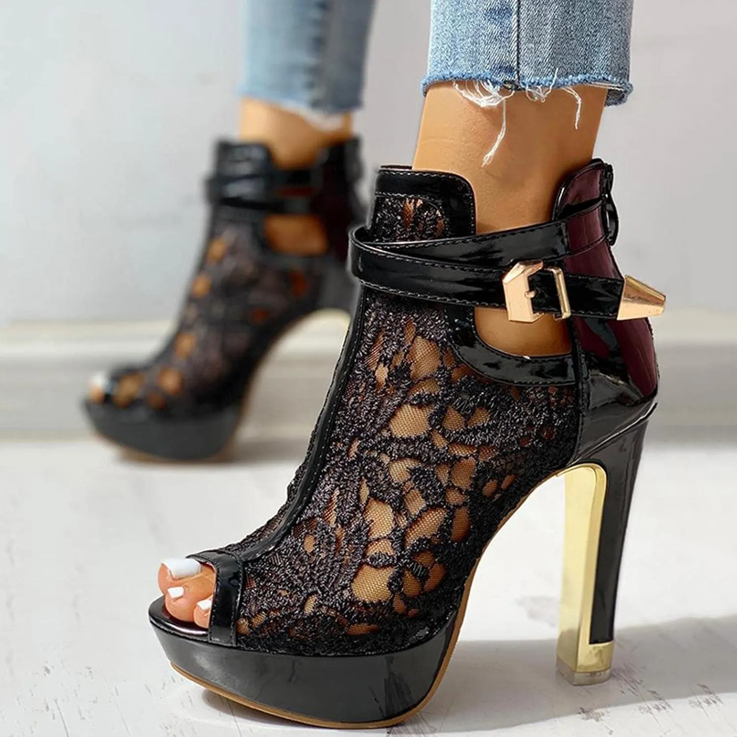 BORAMAX Women's Pretty Lace Flowers Open Toes High Heels Ankle Boots Platform Boots Peep Toe Colorful Casual Womens Boots
