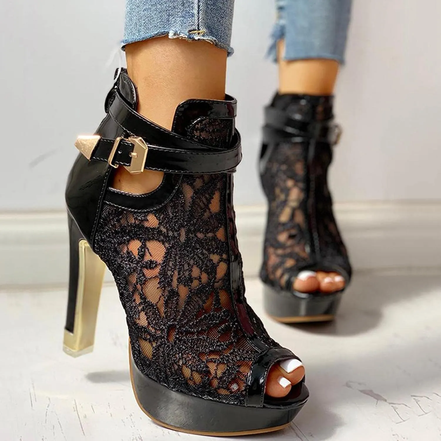 BORAMAX Women's Pretty Lace Flowers Open Toes High Heels Ankle Boots Platform Boots Peep Toe Colorful Casual Womens Boots