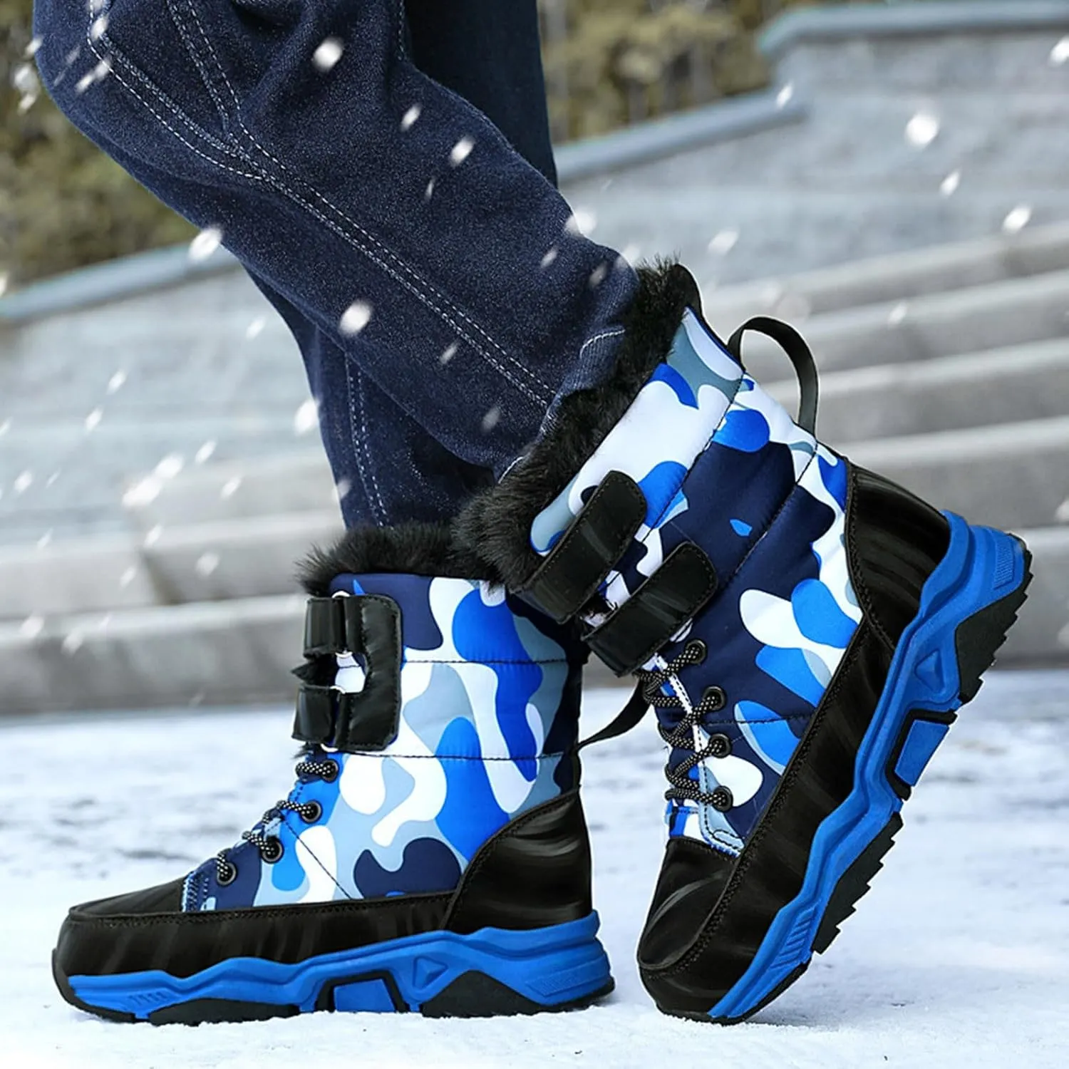 Boys Girls Snow Boots Waterproof Mid Calf Boots Faux Fur Lined Winter Shoes Anti Slip Hiking Boots for Little/Big Kids